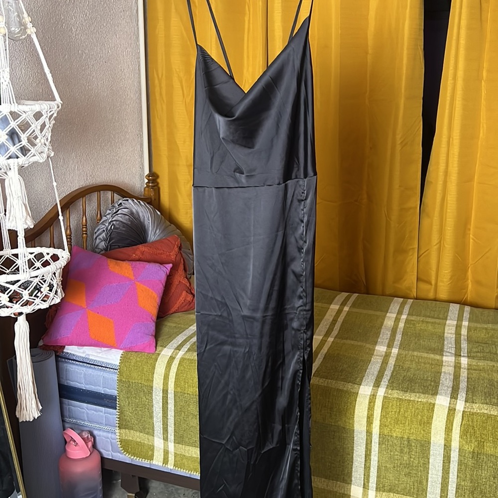 SHEIN CURVE sexy black satin draped neck slit dress.
